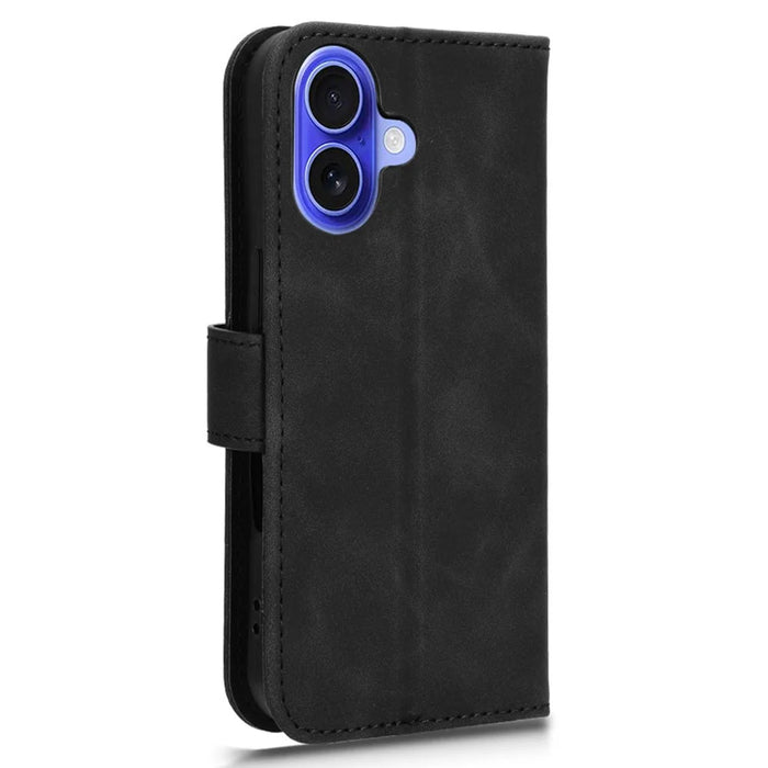 For iPhone 16 Plus Leather Case Skin-Feel Anti-Drop Wallet Flip Phone Cover - Black - 6