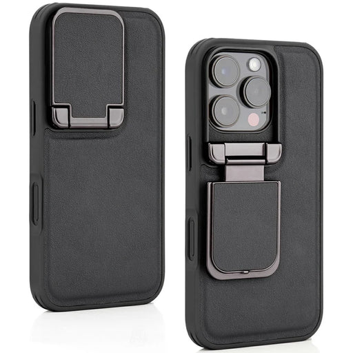 GKK For iPhone 16 Pro Case PU Leather Covered PC Phone Shell with Lens Guard Kickstand - Black - 1