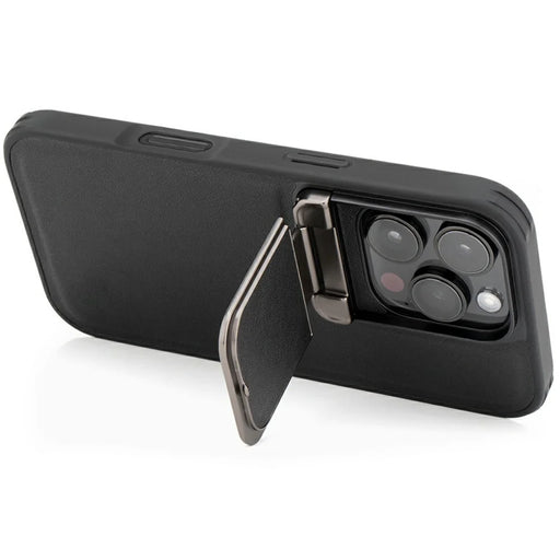 GKK For iPhone 16 Pro Case PU Leather Covered PC Phone Shell with Lens Guard Kickstand - Black - 2