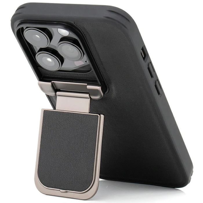 GKK For iPhone 16 Pro Max Case PU Leather Covered PC Phone Shell with Lens Guard Kickstand - Black - 3