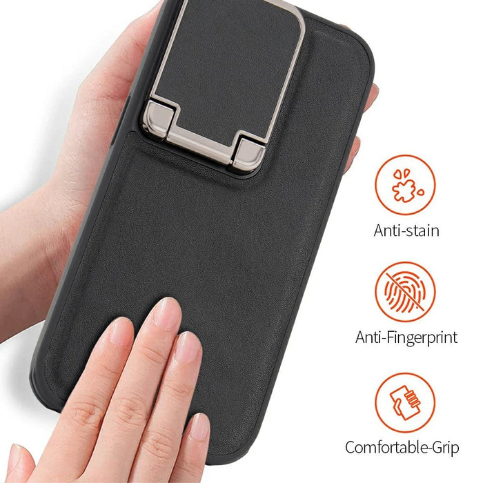 GKK For iPhone 16 Pro Max Case PU Leather Covered PC Phone Shell with Lens Guard Kickstand - Black - 4