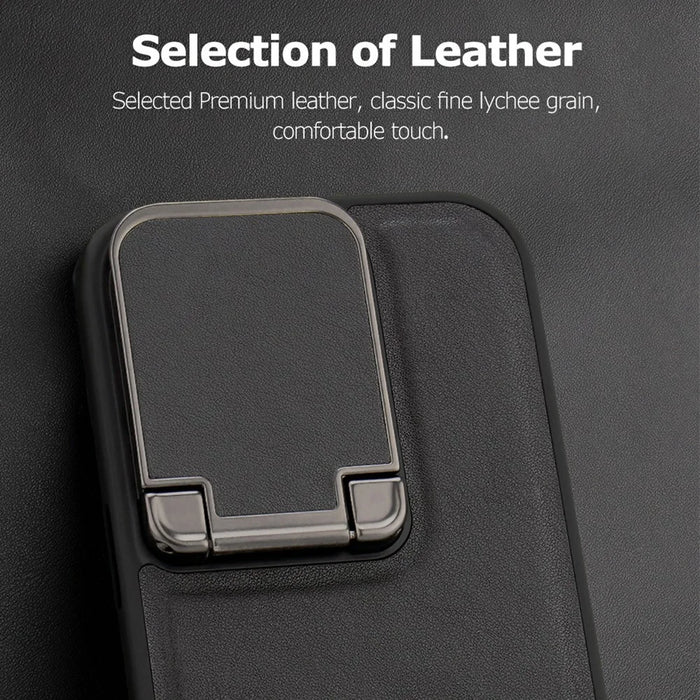 GKK For iPhone 16 Pro Max Case PU Leather Covered PC Phone Shell with Lens Guard Kickstand - Black - 6