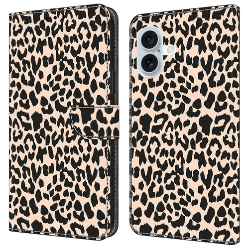 For iPhone 16 Case Pattern Printed Protective Cover TPU+PU Leather Flip Phone Case - Leopard Print - 1