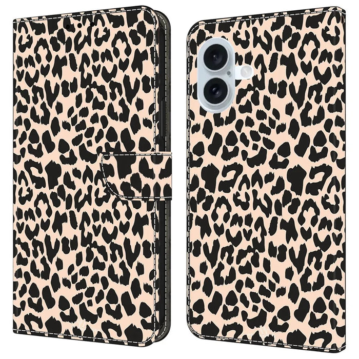 For iPhone 16 Case Pattern Printed Protective Cover TPU+PU Leather Flip Phone Case - Leopard Print - 1