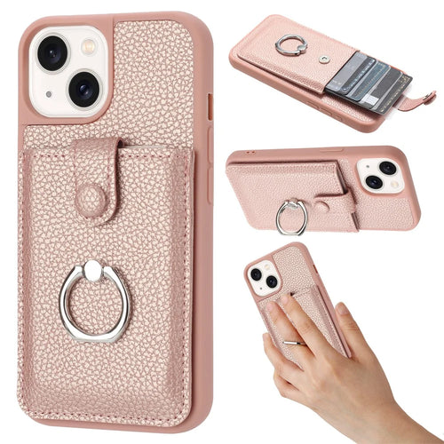For iPhone 15 Plus / 14 Plus Case Drawing Type Card Slots Litchi Texture Leather Back Cover with Ring Kickstand - Rose Gold - 1