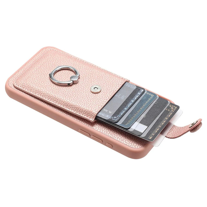 For iPhone 15 Plus / 14 Plus Case Drawing Type Card Slots Litchi Texture Leather Back Cover with Ring Kickstand - Rose Gold - 4