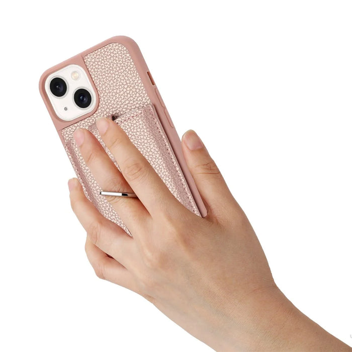 For iPhone 15 Plus / 14 Plus Case Drawing Type Card Slots Litchi Texture Leather Back Cover with Ring Kickstand - Rose Gold - 5