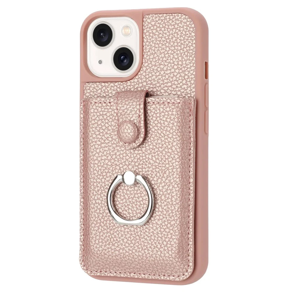 For iPhone 14 / 13 Case Drawing Type Card Slots Litchi Texture Leather Back Cover with Ring Kickstand - Rose Gold - 2