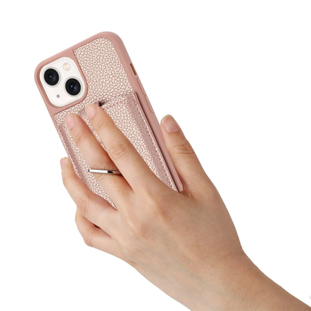 For iPhone 14 / 13 Case Drawing Type Card Slots Litchi Texture Leather Back Cover with Ring Kickstand - Rose Gold - 5