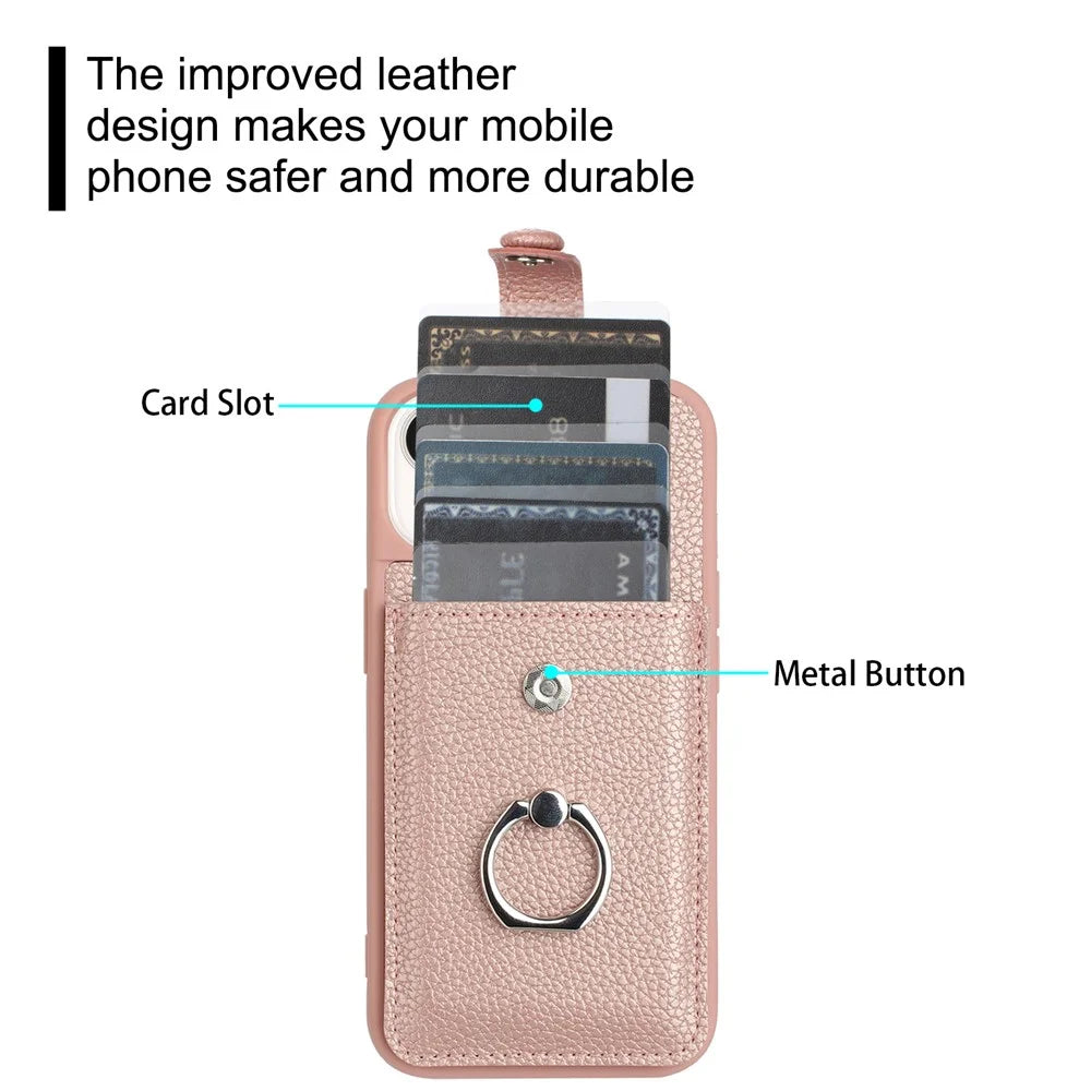 For iPhone 14 / 13 Case Drawing Type Card Slots Litchi Texture Leather Back Cover with Ring Kickstand - Rose Gold - 6