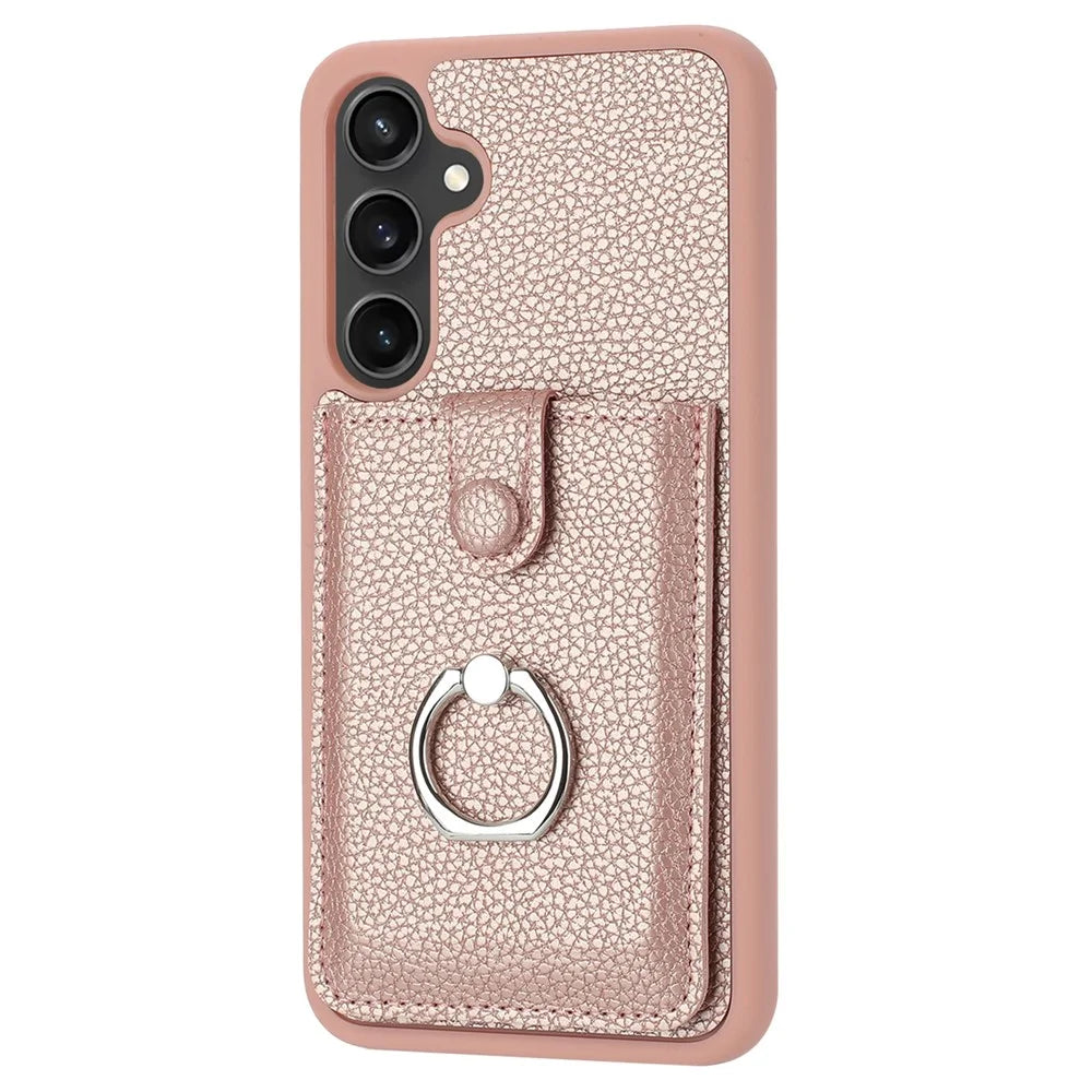 For Samsung Galaxy A35 5G Case Drawing Type Card Slots Litchi Texture Leather Back Cover with Ring Kickstand - Rose Gold - 2