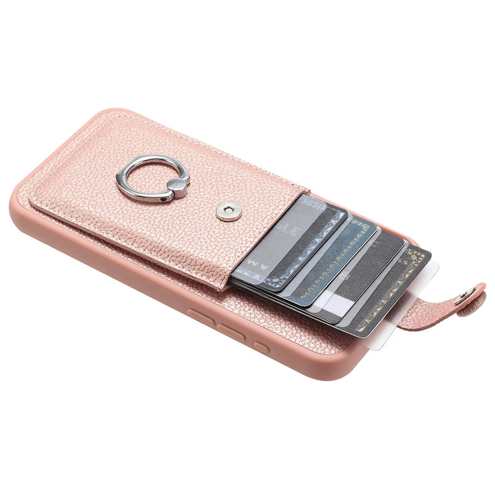 For Samsung Galaxy A35 5G Case Drawing Type Card Slots Litchi Texture Leather Back Cover with Ring Kickstand - Rose Gold - 4