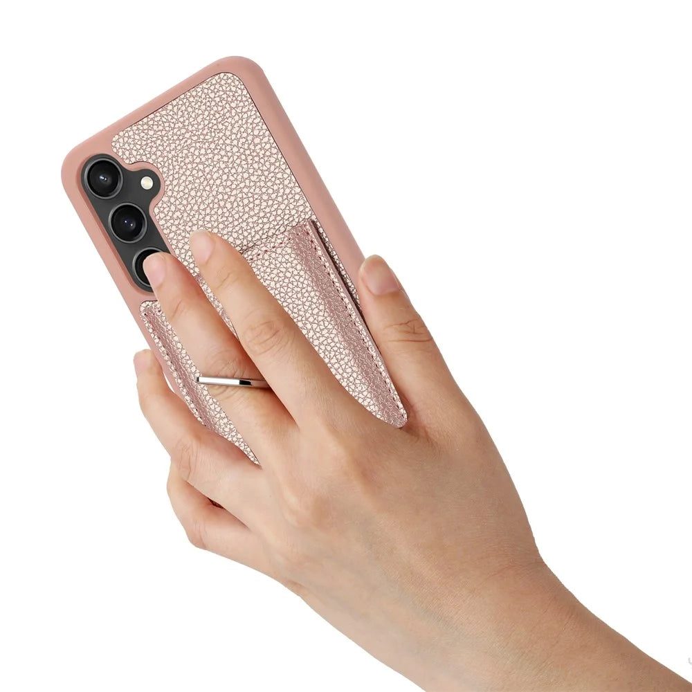 For Samsung Galaxy A35 5G Case Drawing Type Card Slots Litchi Texture Leather Back Cover with Ring Kickstand - Rose Gold - 5