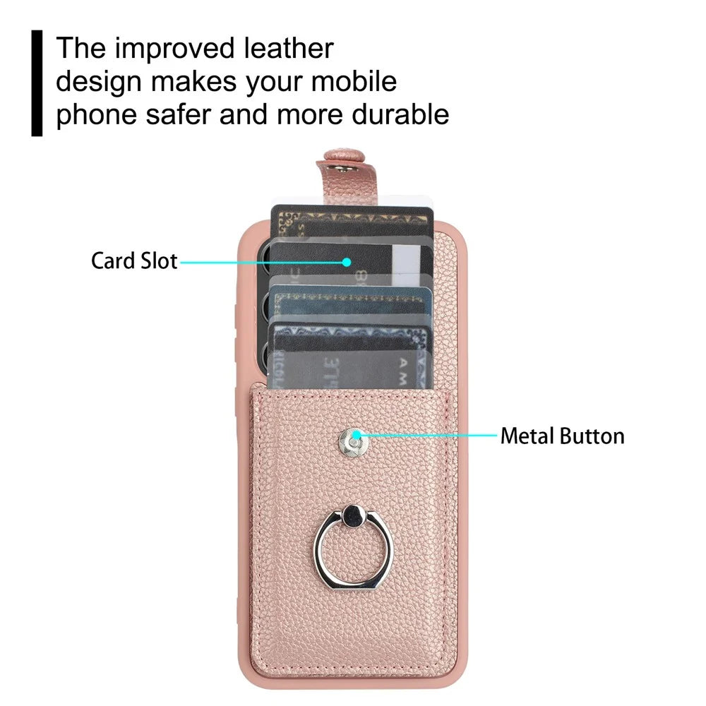 For Samsung Galaxy A35 5G Case Drawing Type Card Slots Litchi Texture Leather Back Cover with Ring Kickstand - Rose Gold - 7