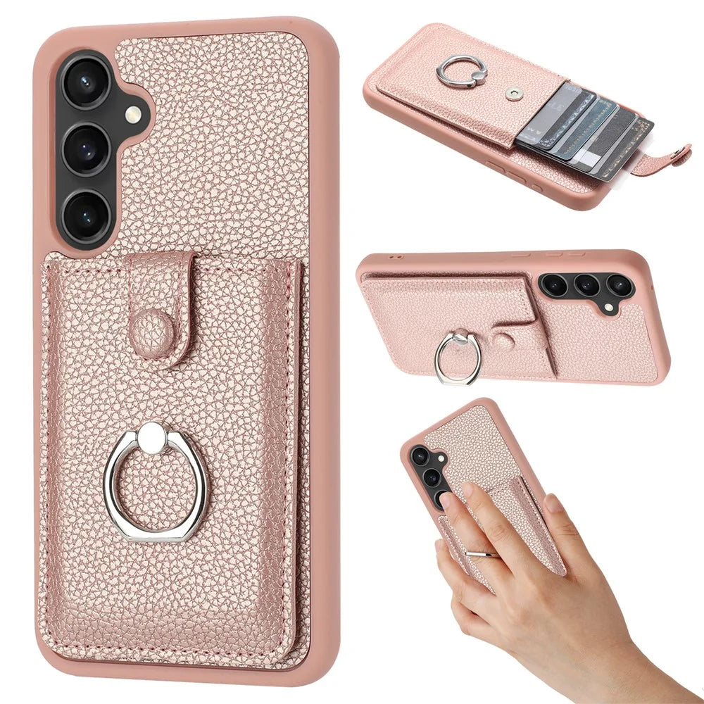 For Samsung Galaxy A15 4G / 5G Case Drawing Type Card Slots Litchi Texture Leather Back Cover with Ring Kickstand - Rose Gold - 1