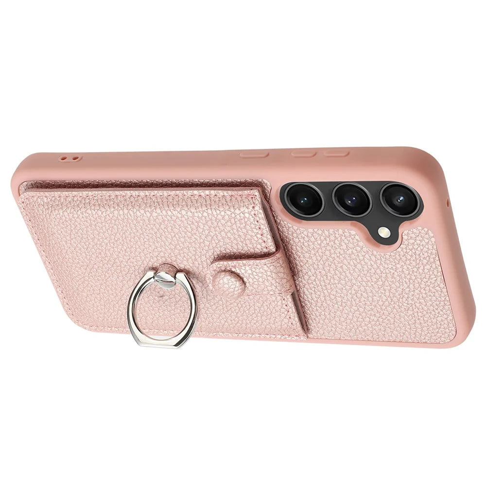For Samsung Galaxy A15 4G / 5G Case Drawing Type Card Slots Litchi Texture Leather Back Cover with Ring Kickstand - Rose Gold - 3