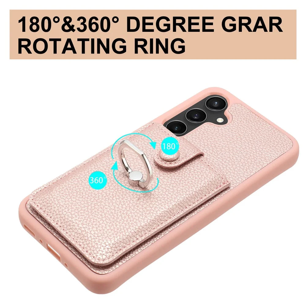 For Samsung Galaxy A15 4G / 5G Case Drawing Type Card Slots Litchi Texture Leather Back Cover with Ring Kickstand - Rose Gold - 6