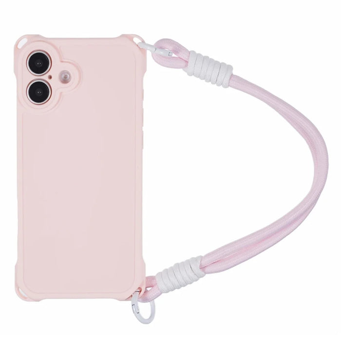 For iPhone 16 Case Reinforced Corner Shockproof TPU Phone Cover with Wrist Strap - Pink - 1