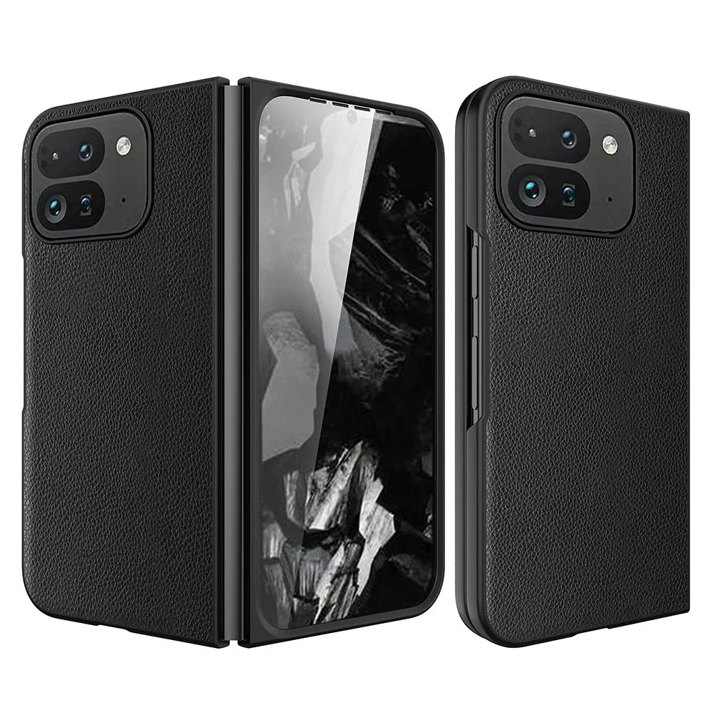 For Google Pixel Fold 2 Case Litchi Texture Leather+PC Phone Cover with Tempered Glass Film - Black - 1