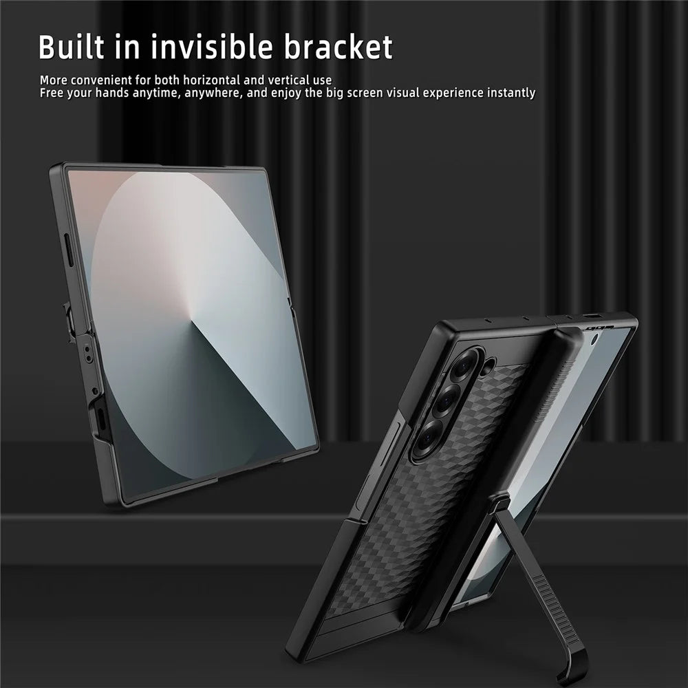 For Samsung Galaxy Z Fold6 5G Case Hinge Kickstand PC Phone Cover with Tempered Glass Film - Blue - 3
