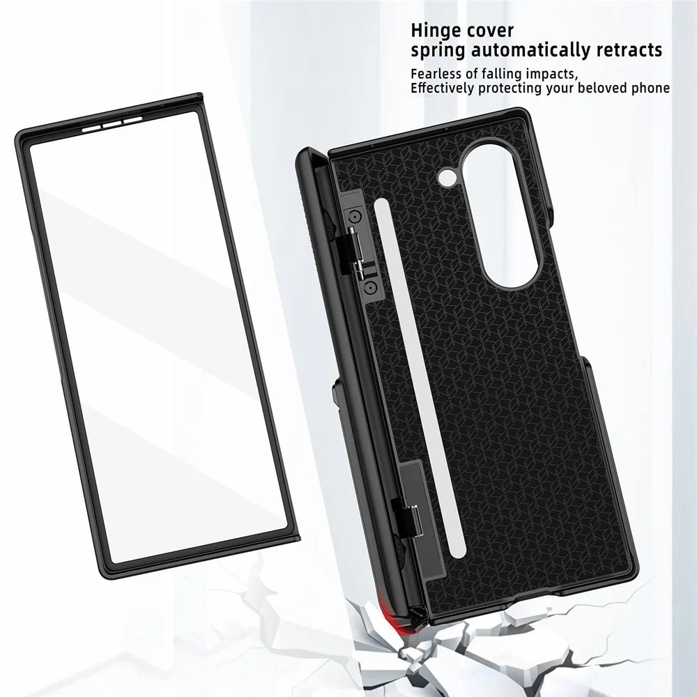 For Samsung Galaxy Z Fold6 5G Case Hinge Kickstand PC Phone Cover with Tempered Glass Film - Blue - 6