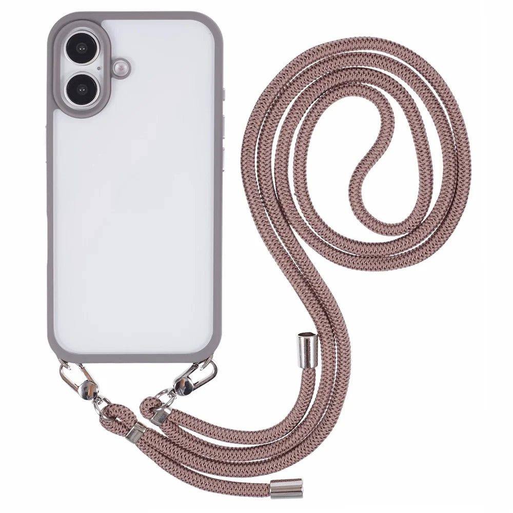 For iPhone 16 Case TPU+PC Crystal Clear Back Cover with Lanyard - Grey - 1