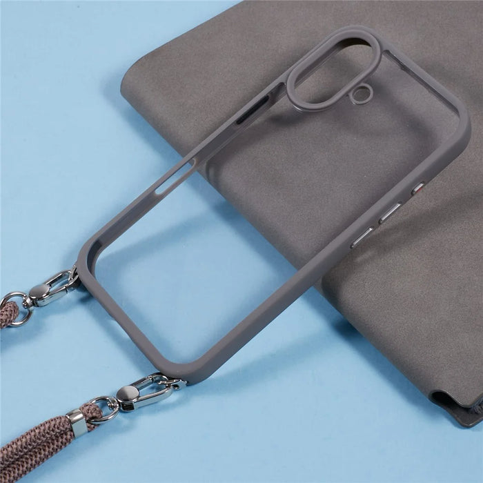 For iPhone 16 Case TPU+PC Crystal Clear Back Cover with Lanyard - Grey - 5