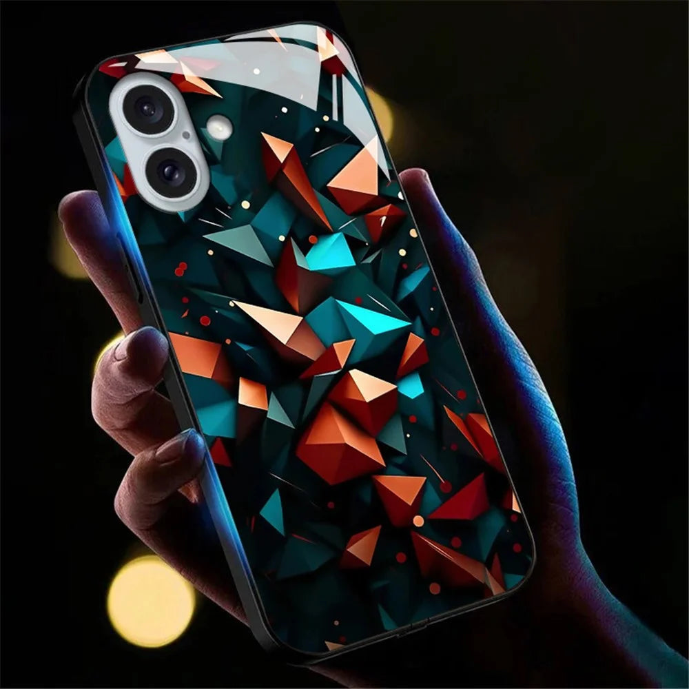 For iPhone 16 Case Call Flash Series Pattern Printing Tempered Glass + TPU Combo Phone Case - Colorful Diamond Pattern - 1