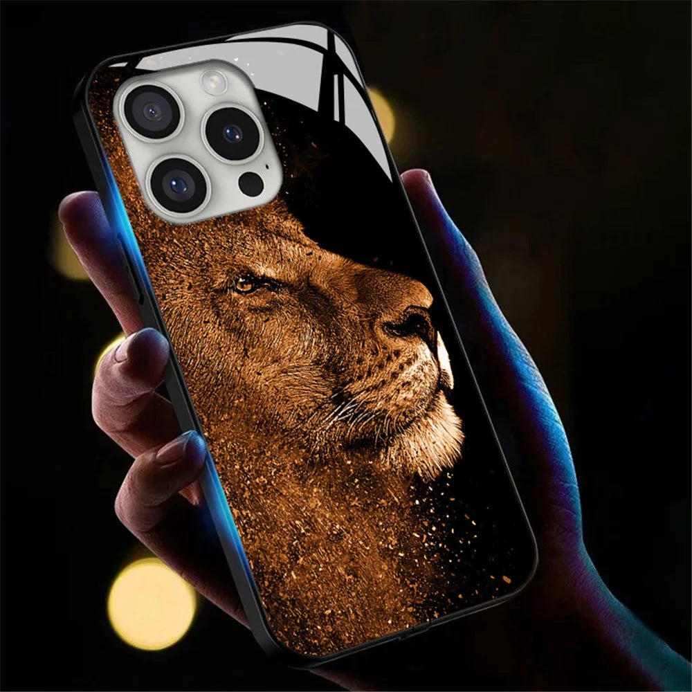 For iPhone 16 Pro Case Call Flash Series Pattern Printing Tempered Glass + TPU Combo Phone Case - Lion With Profile - 1