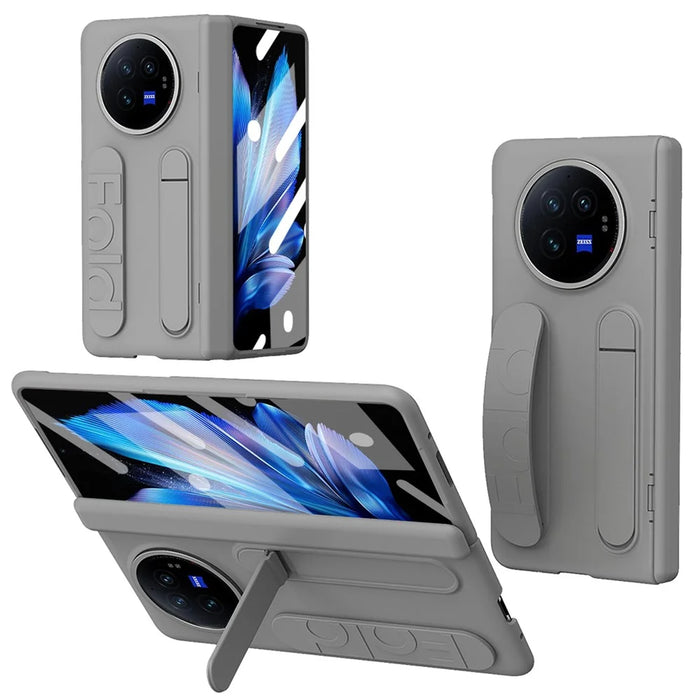For vivo X Fold3 Case Kickstand Wristband PC Phone Cover with Tempered Glass Film - Grey - 1