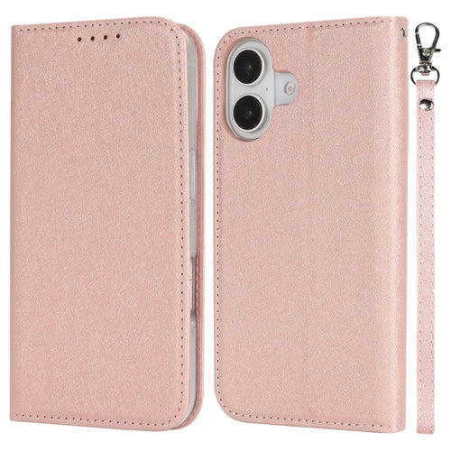 For iPhone 16 Case PU Leather Silk Texture Magnetic Flip Phone Cover - Rose Gold - 1