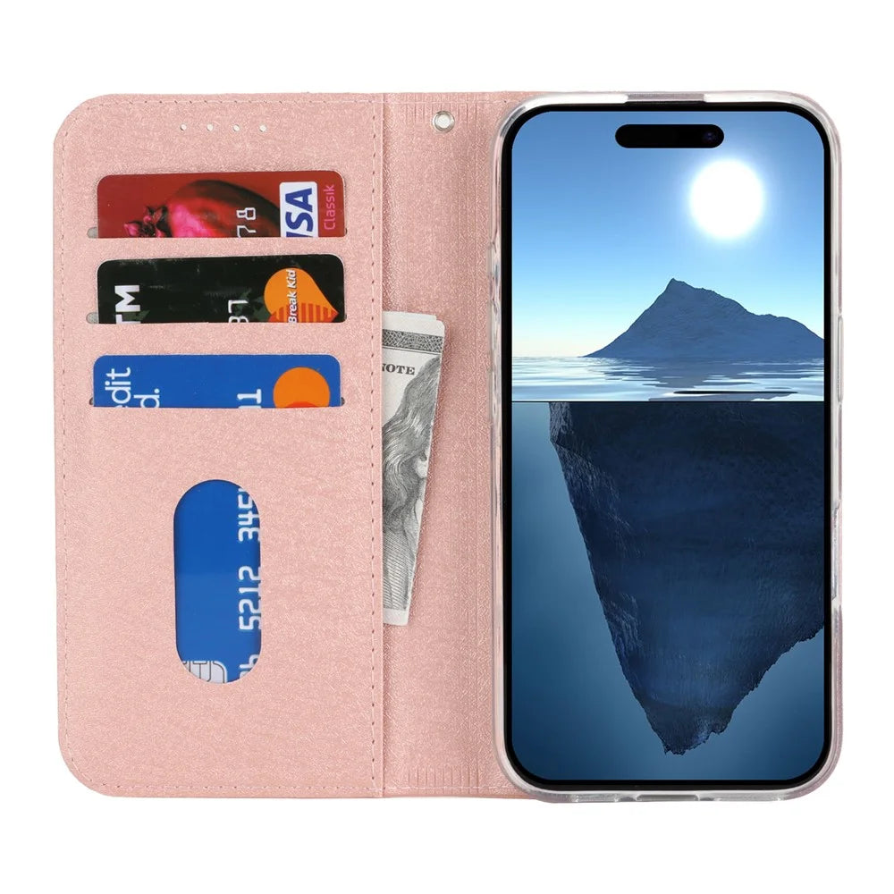 For iPhone 16 Case PU Leather Silk Texture Magnetic Flip Phone Cover - Rose Gold - 2