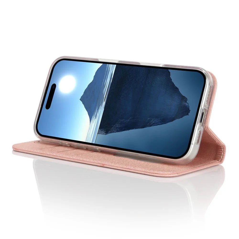 For iPhone 16 Case PU Leather Silk Texture Magnetic Flip Phone Cover - Rose Gold - 3