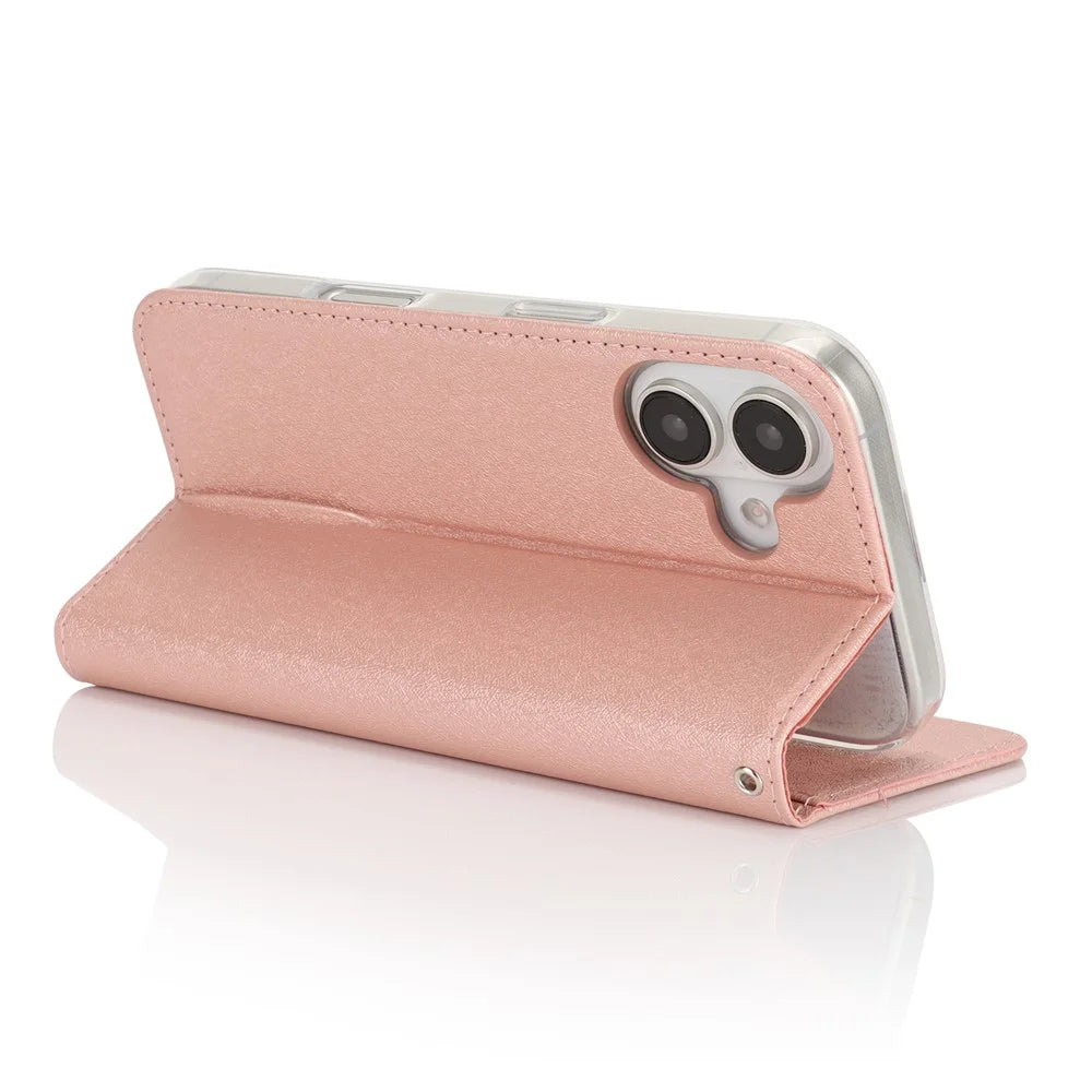 For iPhone 16 Case PU Leather Silk Texture Magnetic Flip Phone Cover - Rose Gold - 4