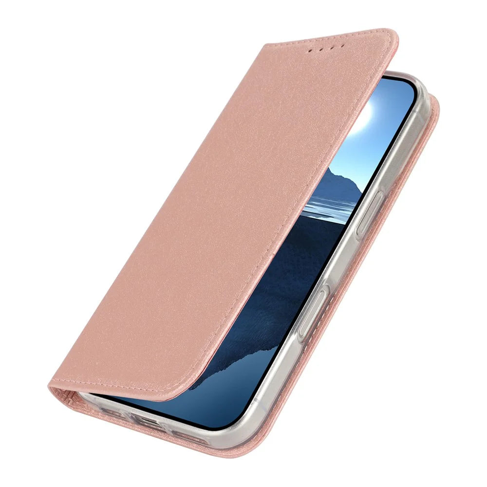 For iPhone 16 Case PU Leather Silk Texture Magnetic Flip Phone Cover - Rose Gold - 5