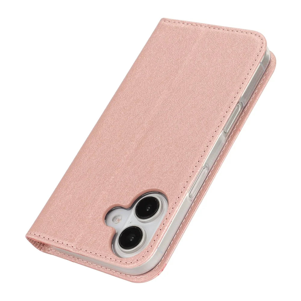 For iPhone 16 Case PU Leather Silk Texture Magnetic Flip Phone Cover - Rose Gold - 6