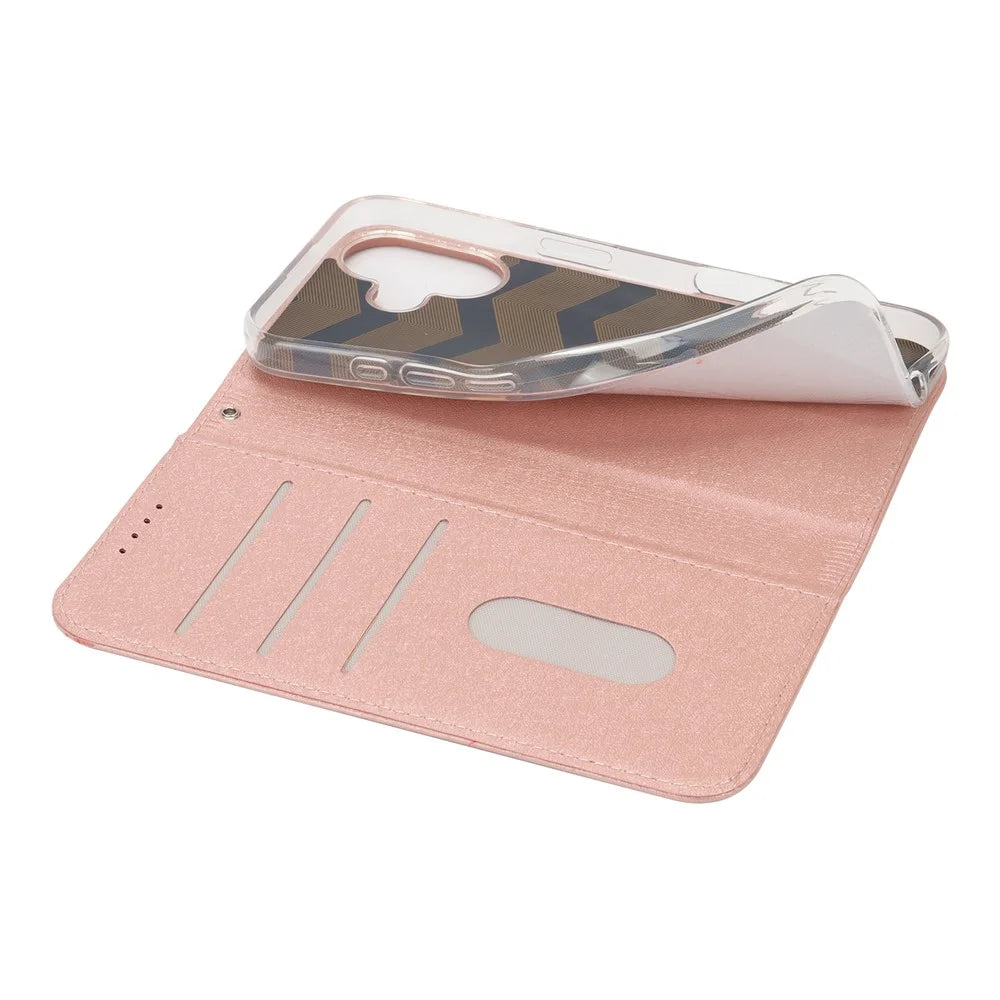 For iPhone 16 Case PU Leather Silk Texture Magnetic Flip Phone Cover - Rose Gold - 7