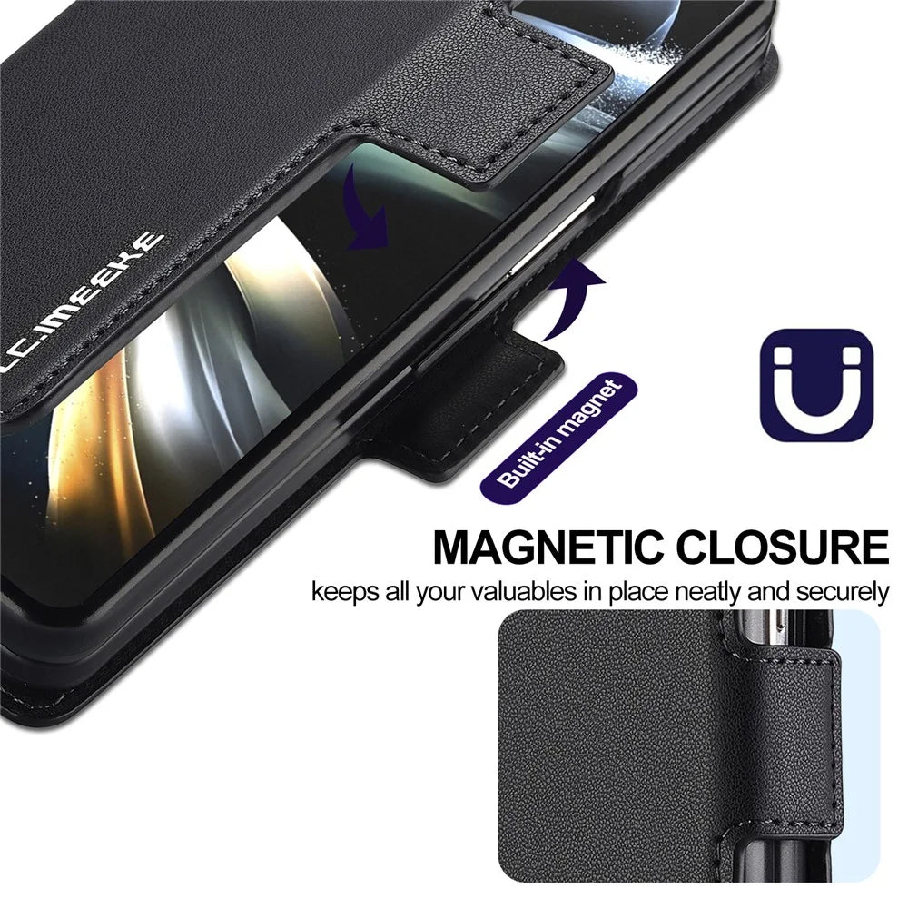 LC.IMEEKE L1 For Samsung Galaxy Z Fold3 5G Stand Case Texture PU Leather Wallet Phone Cover - Black - 7