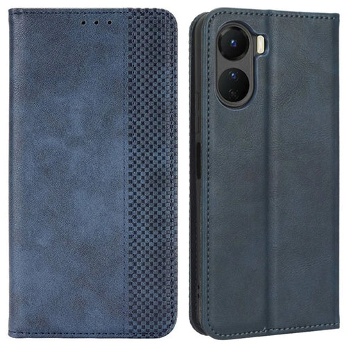 For vivo Y16 4G / Y02s 4G / Y35 5G / Y35m 5G / Y53t 5G / Y56 5G / iQOO Z7i / T2x (India) 5G Magnetic Auto-Closing PU Leather Drop-proof Case Imprint Pattern Vintage Phone Wallet Stand Cover - Blue - 1