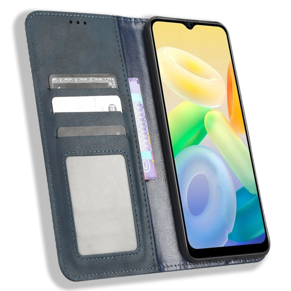 For vivo Y16 4G / Y02s 4G / Y35 5G / Y35m 5G / Y53t 5G / Y56 5G / iQOO Z7i / T2x (India) 5G Magnetic Auto-Closing PU Leather Drop-proof Case Imprint Pattern Vintage Phone Wallet Stand Cover - Blue - 2
