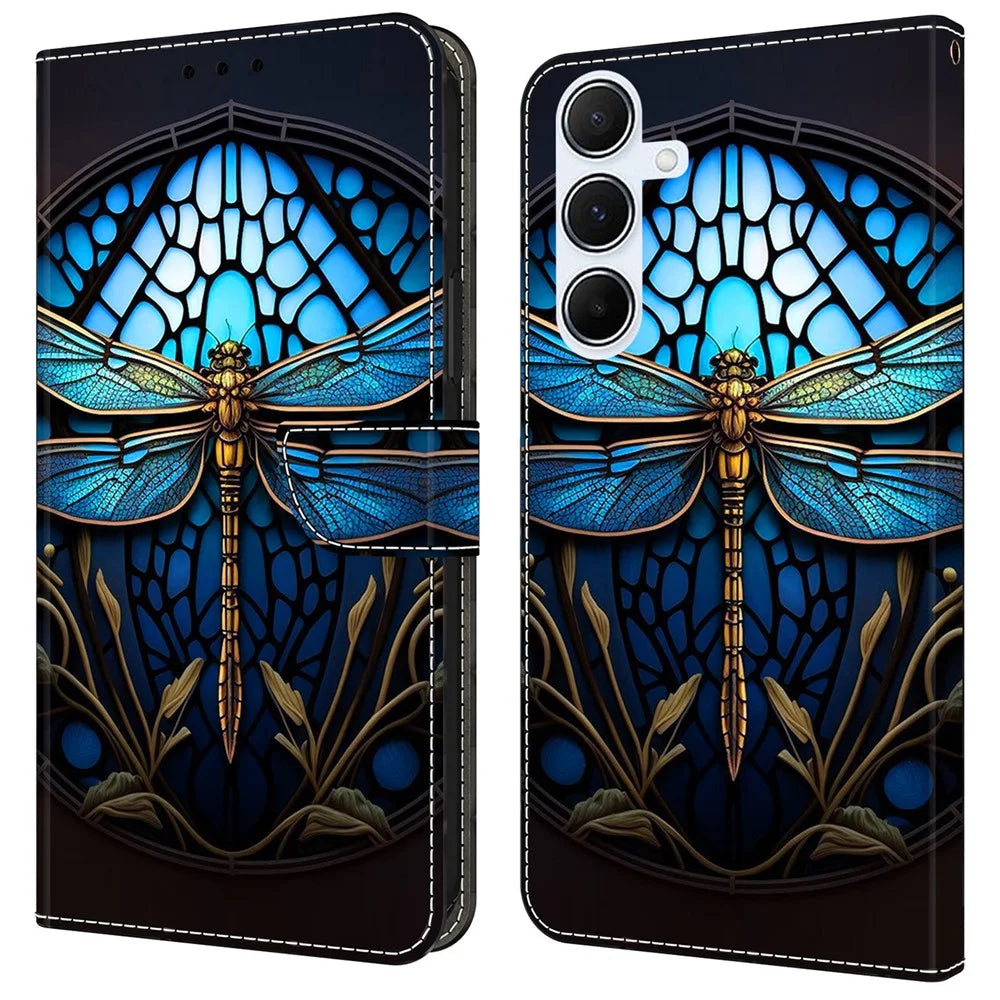 For Samsung Galaxy A25 5G (Global) (161.0 x 76.5 x 8.3mm) Case Pattern Printed Protective Cover TPU+PU Leather Flip Phone Case - Blue Dragonfly - 1