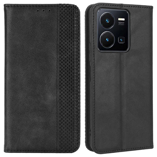 For vivo Y35 4G (2022) / Y22s 4G / Y22 4G Imprint Pattern Retro PU Leather Drop-proof Case Magnetic Auto-absorbed Phone Cover with Wallet Stand - Black - 1