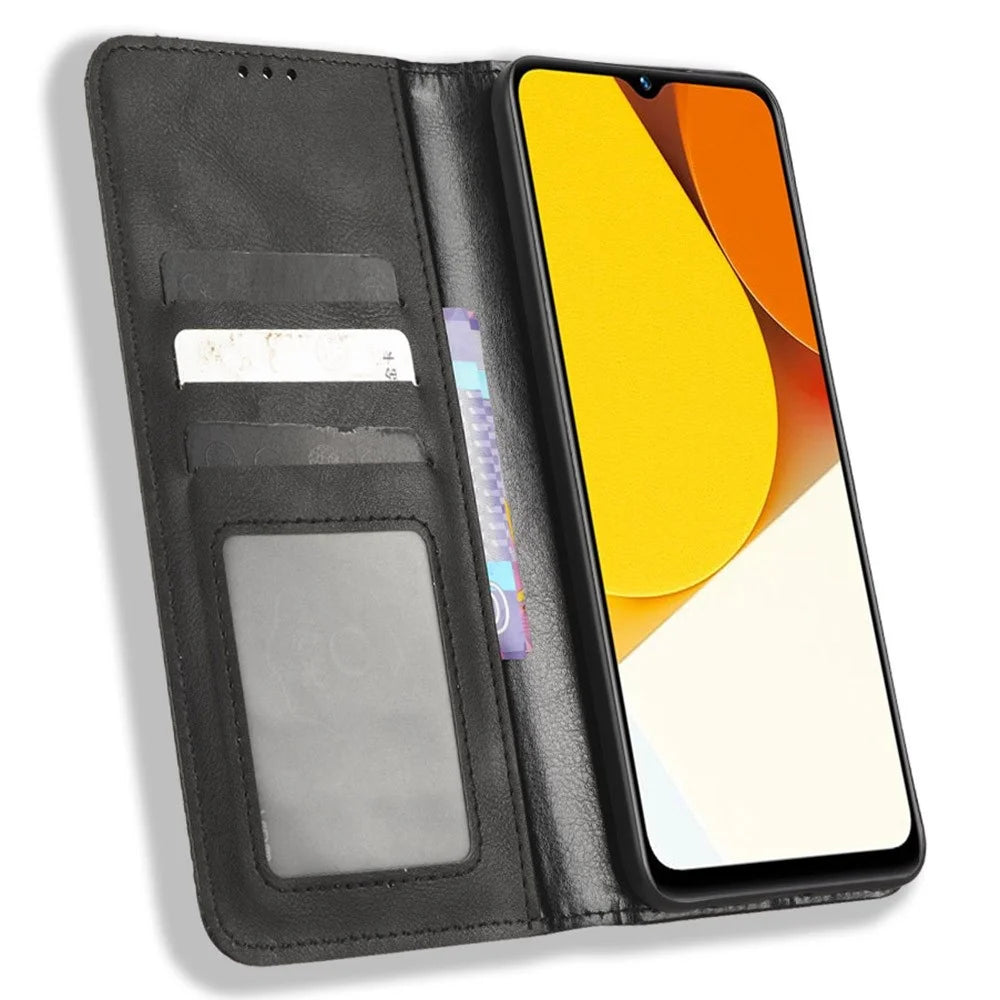 For vivo Y35 4G (2022) / Y22s 4G / Y22 4G Imprint Pattern Retro PU Leather Drop-proof Case Magnetic Auto-absorbed Phone Cover with Wallet Stand - Black - 2