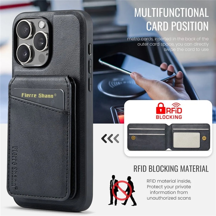FIERRE SHANN 025 Style For iPhone 16 Pro Max Case Leather+TPU Detachable Card Slots Phone Cover - Black - 5