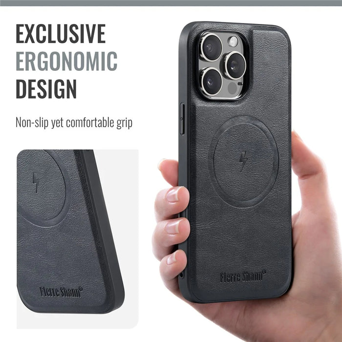 FIERRE SHANN 025 Style For iPhone 16 Pro Max Case Leather+TPU Detachable Card Slots Phone Cover - Black - 6