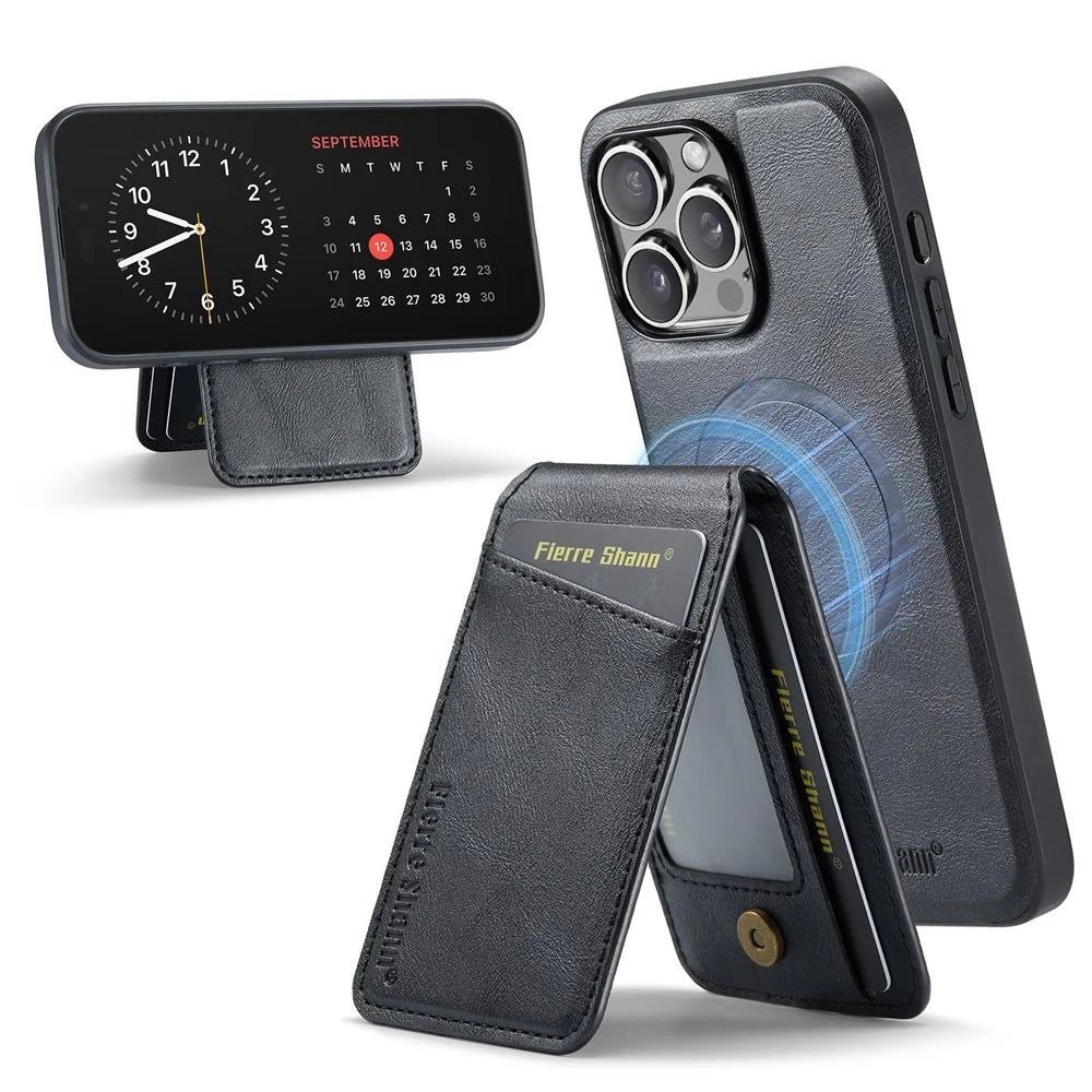 FIERRE SHANN 025 Style For iPhone 16 Pro Case Leather+TPU Detachable Card Slots Phone Cover - Black - 1