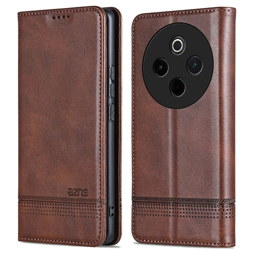 AZNS For vivo Y300 Pro 5G Case Cowhide Texture PU Leather Wallet Phone Cover - Coffee - 1