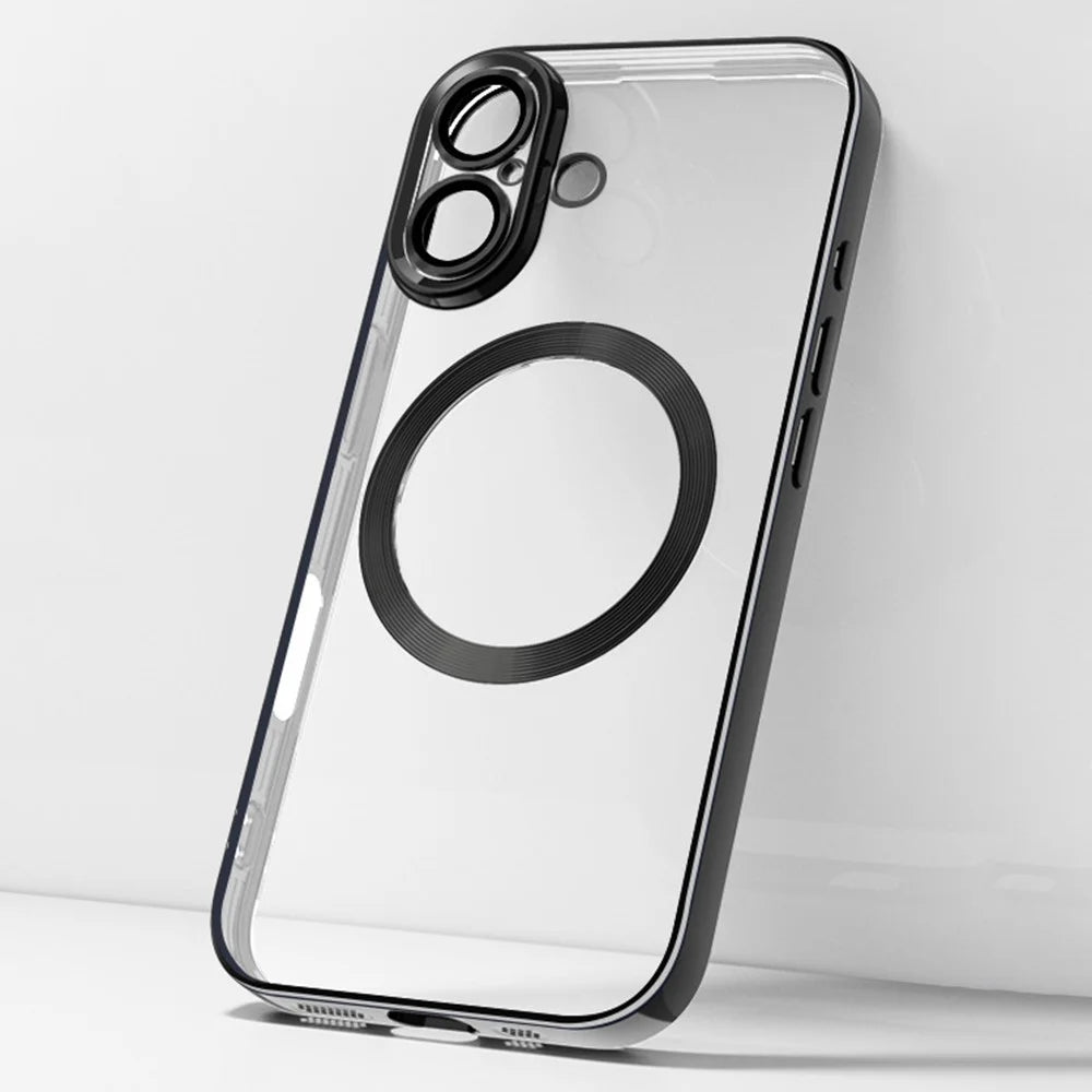 For iPhone 16 Plus Case Electroplating Anti-Drop TPU Clear Phone Cover with Lens Film Compatible with MagSafe - Black - 1