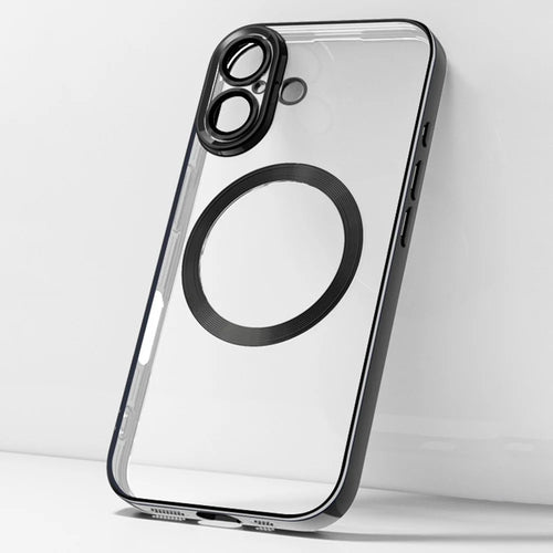 For iPhone 16 Plus Case Electroplating Anti-Drop TPU Clear Phone Cover with Lens Film Compatible with MagSafe - Black - 1