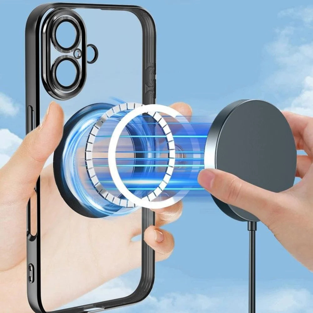 For iPhone 16 Plus Case Electroplating Anti-Drop TPU Clear Phone Cover with Lens Film Compatible with MagSafe - Black - 3